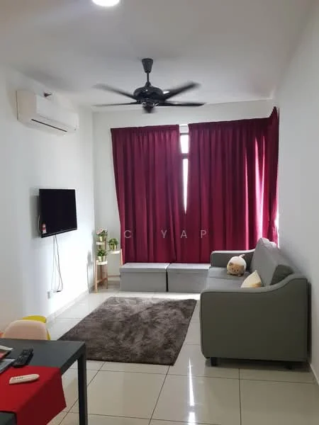 Living features: grey fabric sofa, 2-seater sofa, coffee table, wall-mounted TV, 5-blade ceiling fan, recessed downlights, red curtains, white painted walls, tile flooring, area rug, decorative plant; style: modern.
