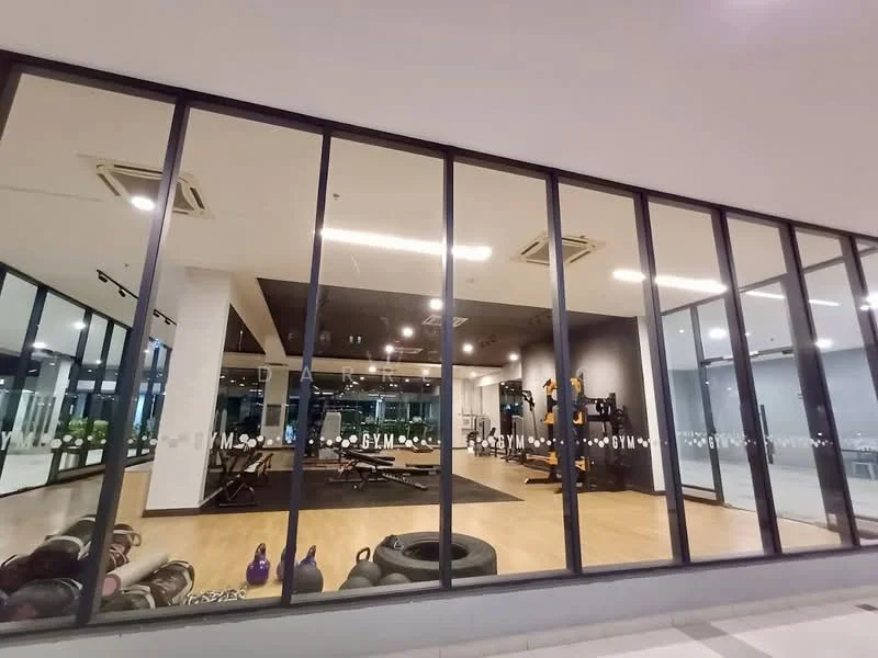 Exterior type: gym; features: large glass windows, black ceiling, wooden flooring, weightlifting equipment, exercise mats, kettlebells, tires for training, fitness machines, mirrored walls, bright lighting; style: modern.