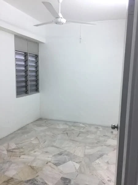 Room features: white painted walls, marble flooring, ceiling fan, sliding windows, window with horizontal slats.