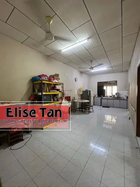 Room features: white painted walls, glossy white tile flooring, dropped ceiling, ceiling fan, wooden dining table, four dining chairs, kitchen cabinets, stainless-steel fridge, kitchen countertop, shelves with storage boxes, window with curtain.