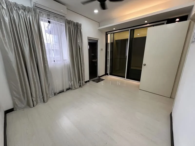 Room features: light wood flooring, white painted walls, ceiling fan, curtains in light grey, sliding glass door, window with sheer curtains, recessed lighting, built-in wardrobe with sliding door; style: modern.