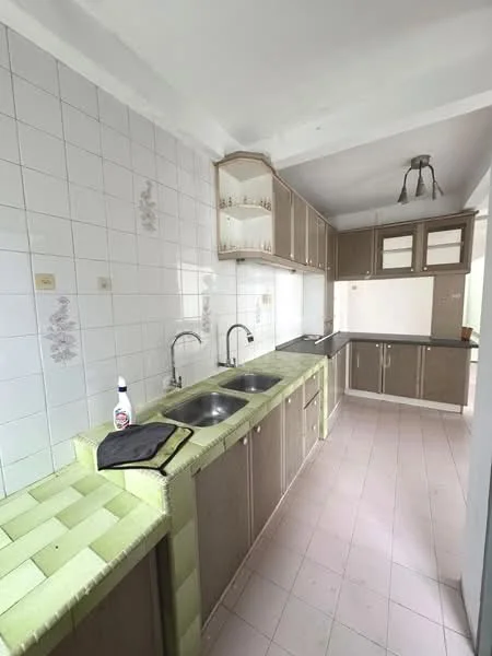 Kitchen features: double-bowl stainless-steel sink, chrome pull-down faucet, laminate countertop, wood cabinetry with glass-front upper cabinets, white tiled backsplash, ceramic tile flooring, recessed downlights, kitchen island with green edge, built-in oven, wall-mounted cabinets; style: modern.