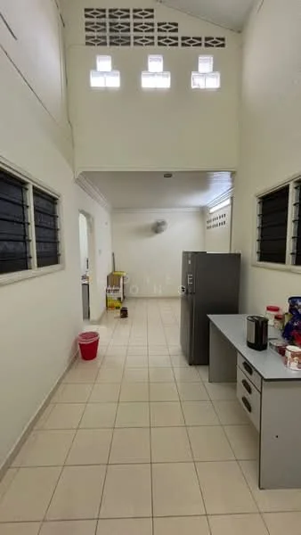Kitchen features: white painted walls, tile flooring, ceiling fan, single-door fridge, grey countertop, kitchen cabinets, sink, window with black grille, open layout.