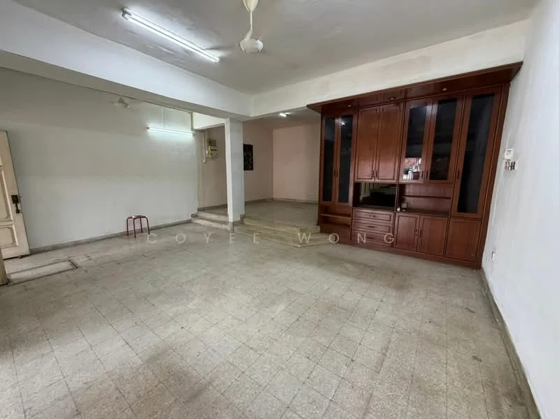 Living features: white painted walls, tile flooring, ceiling with fluorescent lights, ceiling fan, built-in wooden cabinetry with glass doors, open layout, large windows, neutral color scheme.