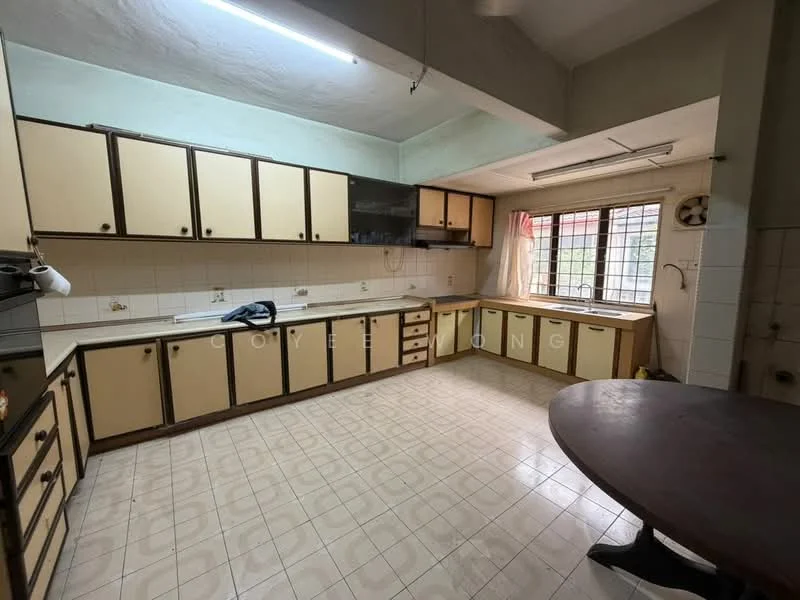 Kitchen features: cream cabinetry with black handles, laminate countertop, white tiled backsplash, double-bowl stainless-steel sink, chrome faucet, built-in gas stove, exhaust hood, window with grid pattern, tile flooring, overhead fluorescent lighting, open layout, corner countertop space, wall-mounted cabinets; style: traditional.