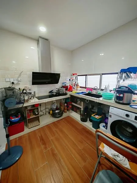 Kitchen features: white tiled walls, laminate countertop, stainless-steel sink, chrome pull-down faucet, built-in oven, freestanding range oven, microwave, washing machine, kitchen cabinets, exhaust hood, wooden flooring, window with view, ceiling light, fan; style: modern.