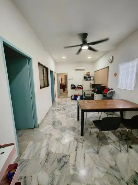 Room features: white painted walls, marble tile flooring, 5-blade ceiling fan, wall-mounted split AC, dining table, 4 black dining chairs, doorway to adjacent rooms, window with sheer curtains, clock on wall; style: modern.