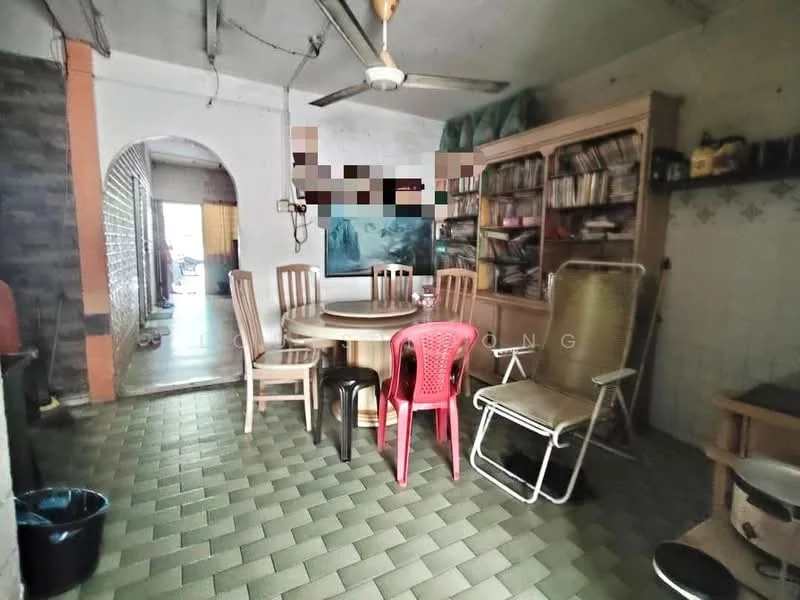 Dining features: round dining table, 4 wooden dining chairs, 1 plastic chair in red, ceiling fan, bookshelf with books, tile flooring in green, wall-mounted artwork, open archway to another room. Room features: open archway, visible flooring, wall with tiles.