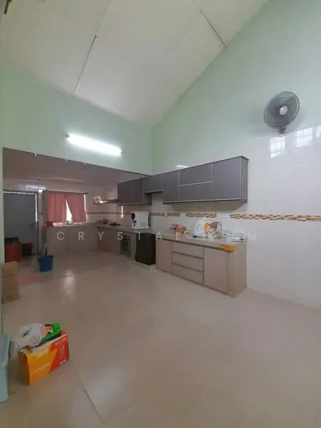 Kitchen features: light green painted walls, white tiled backsplash, laminate countertop, grey cabinets, built-in oven, stainless-steel sink, chrome pull-down faucet, recessed downlights, floor tiles, ceiling fan, open shelving, kitchen appliances on countertop; style: modern.