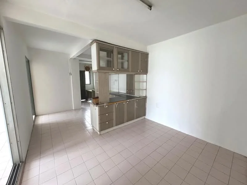 Kitchen features: light grey cabinetry, white countertop, built-in kitchen cabinets, single-bowl stainless-steel sink, chrome pull-down faucet, ceramic tile flooring, white painted walls, window with natural light; style: modern. Room features: white painted walls, ceramic tile flooring, open layout.
