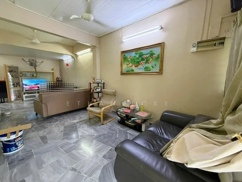 Living features: grey marble tile flooring, cream painted walls, recessed downlights, 2-blade ceiling fan, 3-seater fabric sofa in brown, wooden armchair, coffee table, TV console with wall-mounted TV, decorative painting on wall, open shelving unit, decorative items on shelves, curtains, area rug; style: contemporary.