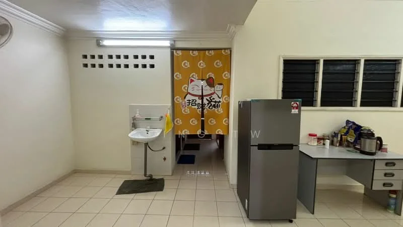 Kitchen features: white walls, tile flooring, single-bowl sink, chrome faucet, stainless-steel fridge, grey countertop, kitchen table, wall-mounted storage, decorative curtain with cat design.