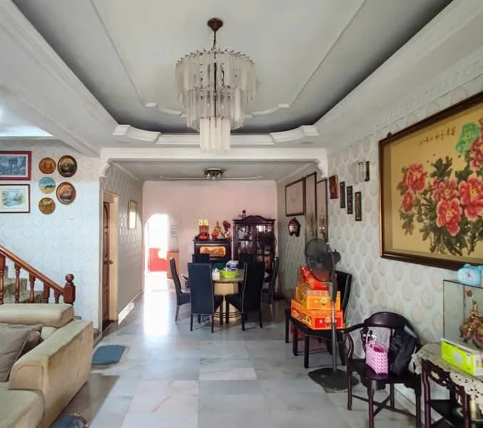 Living features: marble flooring, white painted walls, crown moulding, chandelier, wall-mounted artwork, wooden staircase, decorative plates on wall, wooden display cabinet, round dining table with chairs, ceiling fan, area rug; style: traditional.