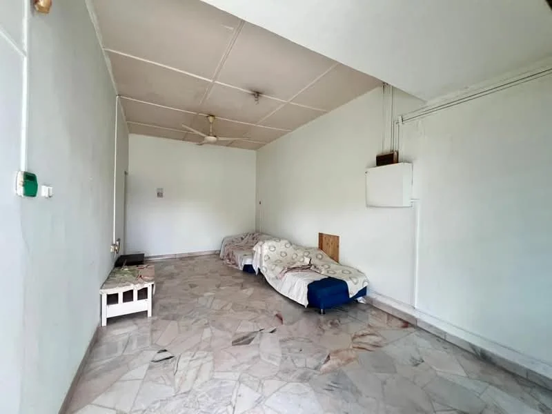 Room features: marble flooring, white painted walls, ceiling fan, two single beds with bedding, window with natural light, basic electrical outlets, wall-mounted electrical panel, minimalist decor; style: minimalist.