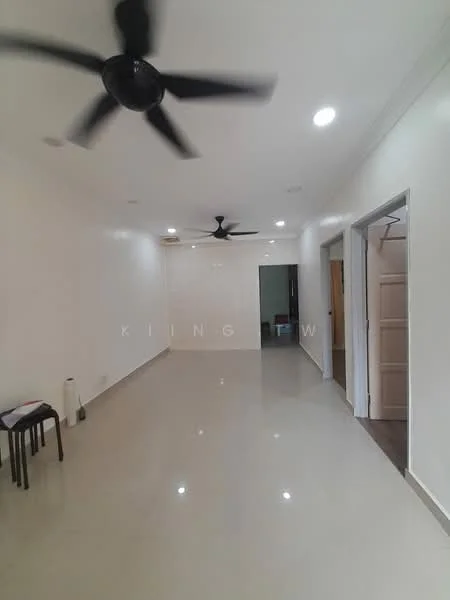 Living features: white painted walls, polished tile flooring, 2 ceiling fans, recessed downlights, open layout, doorway to adjacent rooms, large space, neutral color scheme; style: modern.