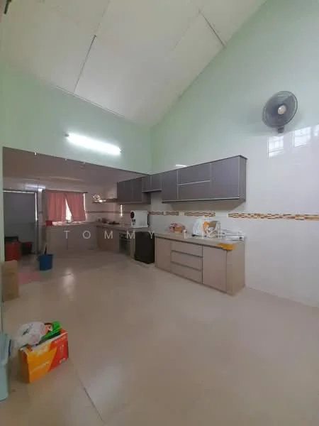 Kitchen features: light green painted walls, white tiled backsplash, laminate cabinetry in grey, countertop in beige, single-bowl stainless-steel sink, chrome pull-down faucet, built-in oven, freestanding range oven, refrigerator, ceiling fan, tile flooring, window with sheer curtains; style: modern.