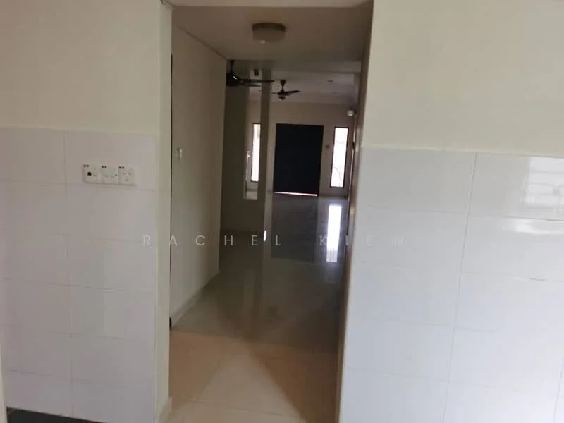 Room features: white tiled walls, cream tiled flooring, ceiling with light fixture, wall-mounted split AC, 5-blade ceiling fan, doorway leading to another room, windows allowing natural light, neutral wall color; style: modern.