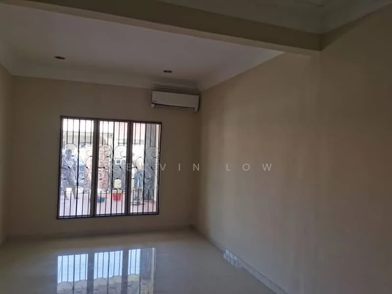 Room features: cream painted walls, polished floor tiles, 1 wall-mounted split AC, floor-to-ceiling window with security bars, natural light from window.