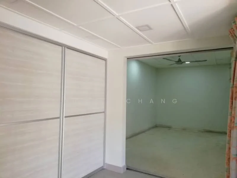 Room features: sliding glass door, ceiling fan, white painted walls, light grey flooring, built-in wardrobe with sliding doors, curtains, recessed ceiling lights; style: modern.