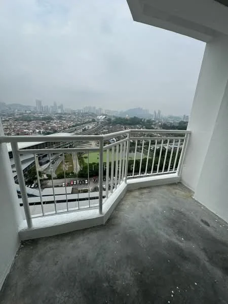 Room features: concrete flooring, white painted walls, metal railing, balcony, city view, mountain view, overlooking green space, surrounding urban landscape; view: city.