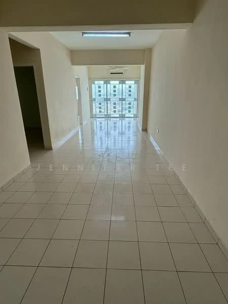 Room features: white painted walls, glossy white tile flooring, recessed ceiling lights, floor-to-ceiling windows, sliding glass door, open layout, air conditioning unit, natural light; style: modern.