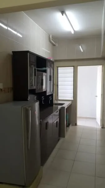 Kitchen features: stainless-steel fridge, dark wood cabinetry, white countertop, single-bowl stainless-steel sink, chrome pull-down faucet, ceramic tile flooring, wall-mounted cabinets, window with horizontal slats, overhead fluorescent lighting; style: modern.