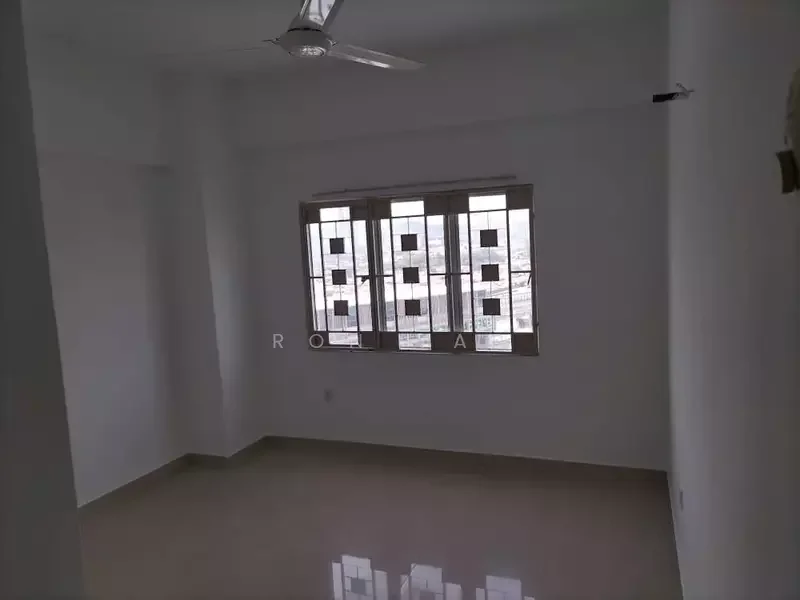 Room features: white painted walls, polished tile flooring, ceiling fan, multiple windows with grid pattern, natural light from windows.