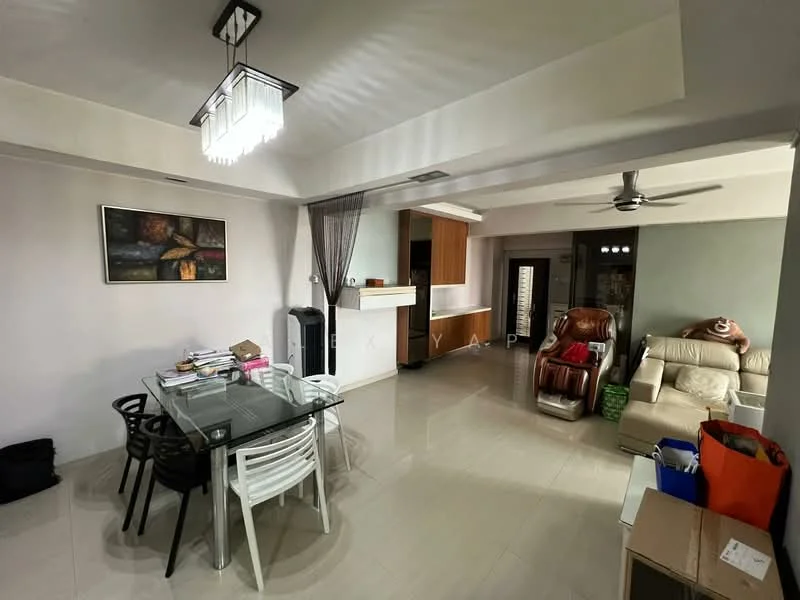 Living features: white painted walls, polished tile flooring, tray ceiling with chandelier, 5-blade ceiling fan, floor-to-ceiling windows, sliding glass door, area rug, sofa in beige, recliner chair, dining table with glass top, black dining chairs, wood cabinetry, decorative artwork, curtains, open layout to kitchen; style: modern.