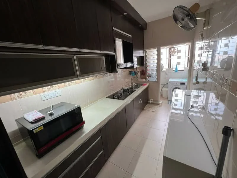 Kitchen features: dark wood cabinetry, light-colored countertop, built-in microwave, stainless-steel gas hob, wall-mounted range hood, ceramic tile backsplash, white tiled walls, light-colored floor tiles, single-bowl stainless-steel sink, window with sliding glass, ceiling fan, open shelving; style: modern; view: city.