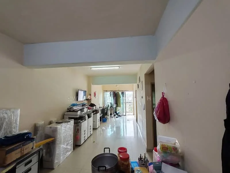 Room features: white painted walls, glossy tile flooring, recessed ceiling lights, large sliding glass door, window with sheer curtains, multiple cabinets, television mounted on wall, various storage boxes, kitchen utensils visible, open layout, dining area visible, outdoor view through sliding door; style: modern; view: garden.