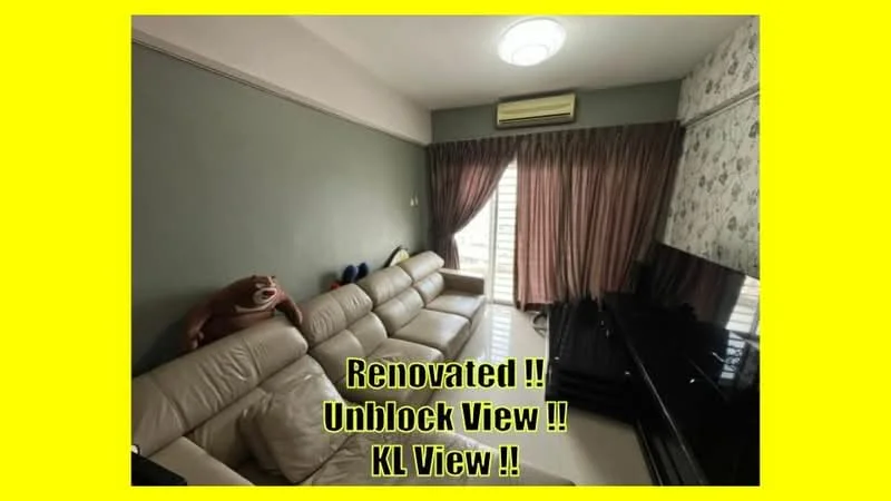 Living features: 3-seater leather sofa in beige, wall-mounted TV, black TV console, cream painted walls, grey accent wall, floor-to-ceiling windows, sheer curtains, recessed ceiling light, air conditioning unit; style: modern; view: city.