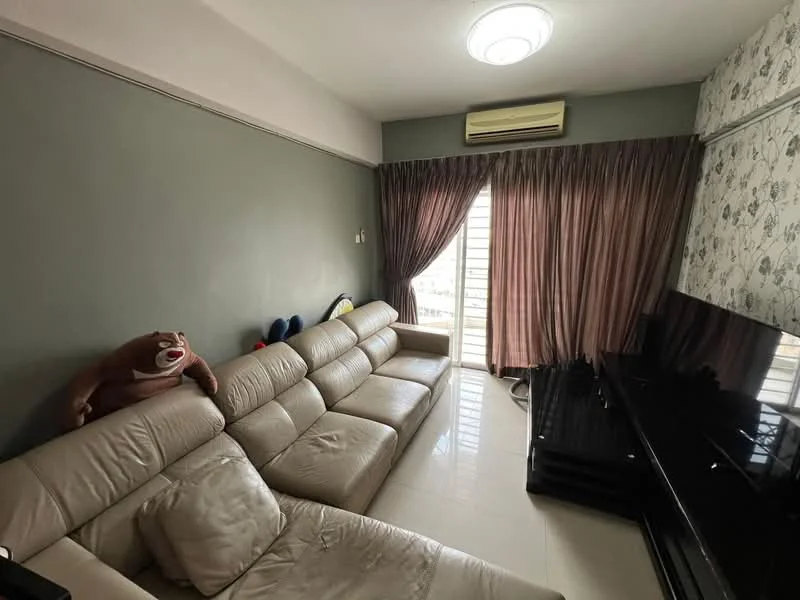 Living features: L-shape sectional sofa in light beige, cream painted walls, dark wood TV console, floor-to-ceiling windows, sheer curtains, dark curtains, recessed ceiling lights, glossy tile flooring, air conditioning unit on wall, decorative wallpaper with floral pattern; style: modern; view: city.