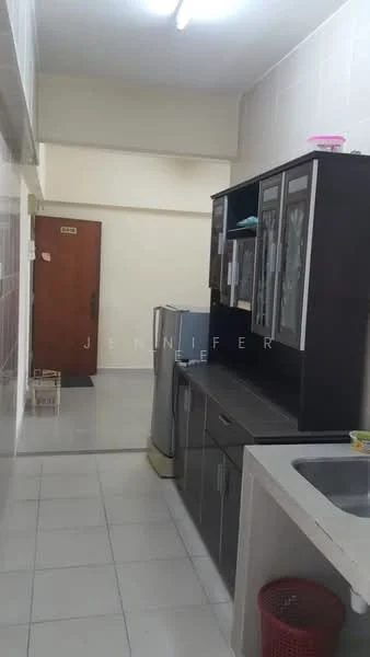 Kitchen features: white tiled walls, light grey cabinetry with glass-front upper cabinets, stainless-steel fridge, single-bowl stainless-steel sink, chrome pull-down faucet, white tiled flooring, countertop with storage underneath, door leading to hallway; style: modern.
