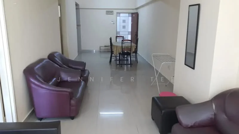 Living features: 2-seater leather sofa in dark brown, 3-seater leather sofa in dark brown, polished tile flooring, neutral painted walls, wall-mounted mirror, dining table with 4 chairs, folding drying rack, natural light from windows, open layout, minimalist decor; style: modern.