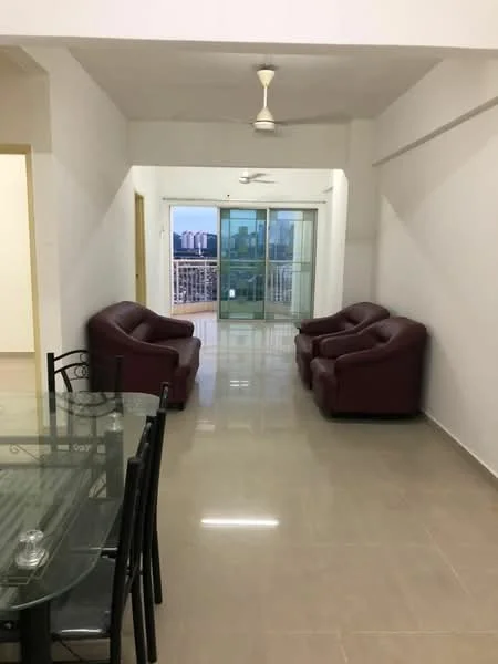 Living features: two maroon leather armchairs, glass dining table with black metal legs, white painted walls, polished ceramic tile flooring, ceiling fan, floor-to-ceiling sliding glass door, city skyline view, natural light from balcony; style: modern; view: city.