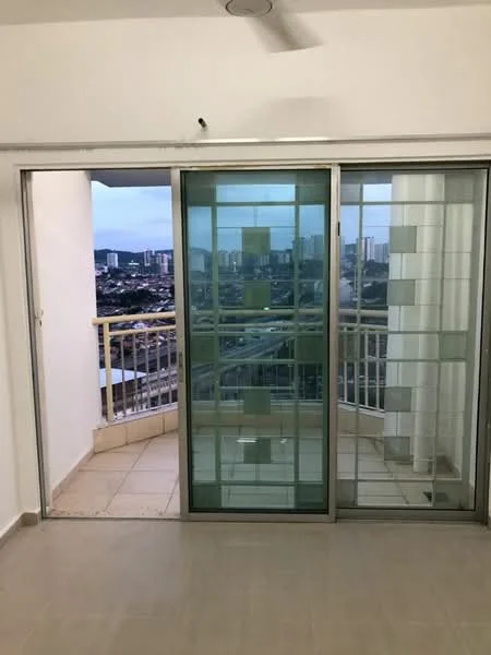 Room features: sliding glass door, floor-to-ceiling windows, white walls, light-colored tile flooring, ceiling fan, balcony view of city skyline; style: modern; view: city.