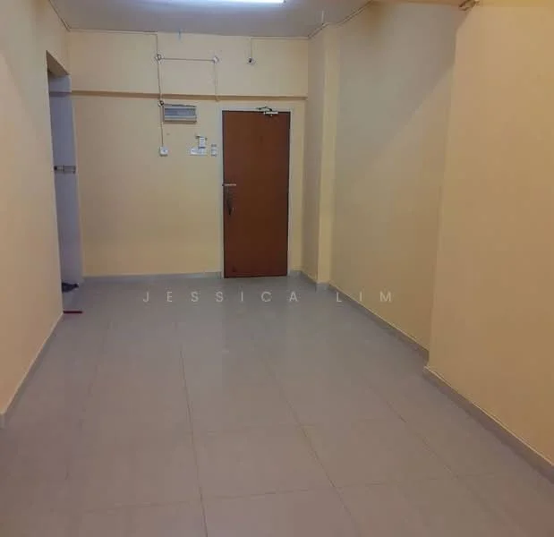 Room features: cream painted walls, grey tiled flooring, single wooden door, ceiling light fixture, air conditioning unit, wall-mounted electrical outlets.