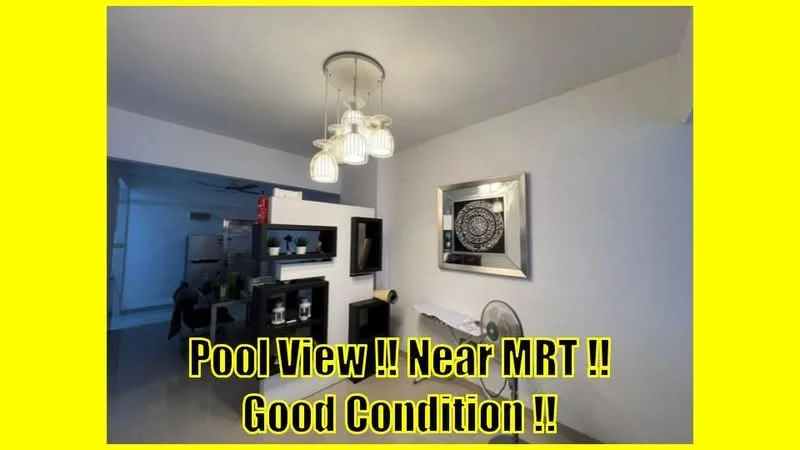 Room features: white painted walls, recessed ceiling lights, hanging pendant light with multiple bulbs, black shelving unit, decorative wall mirror, flooring not visible; style: modern; view: pool.
