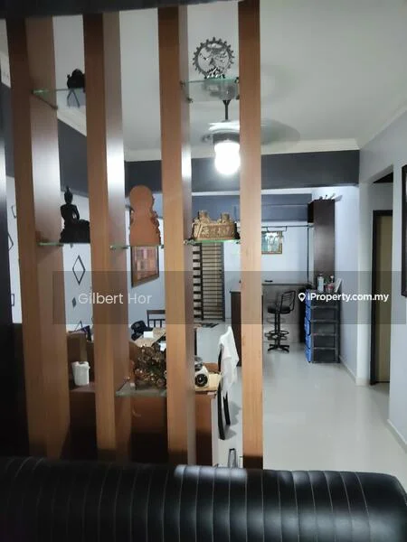 Room features: wooden partition with glass shelves, ceiling fan, light fixture, decorative sculptures, neutral wall color, laminate flooring, open layout, furniture visible in background; style: modern.