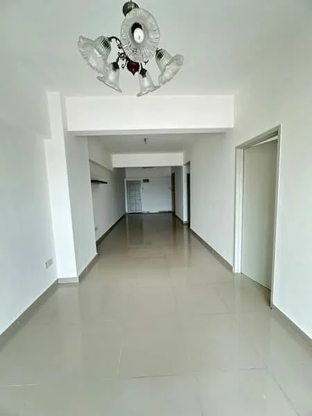 Room features: white painted walls, polished ceramic tile flooring, recessed ceiling with chandelier, open layout, doorway leading to another room, large windows for natural light, neutral color scheme; style: modern.
