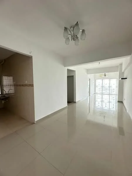 Room features: white painted walls, glossy tile flooring, ceiling light fixture with multiple bulbs, large windows allowing natural light, open layout, neutral color scheme, no visible furniture, smooth ceiling; style: modern; view: city.