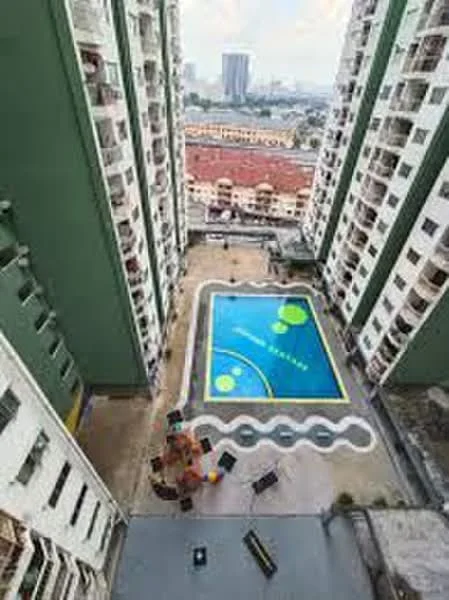 Exterior type: high-rise condominium; features: swimming pool, pool deck, children's playground, surrounding high-rise buildings, landscaped area, view of city skyline; style: modern.
