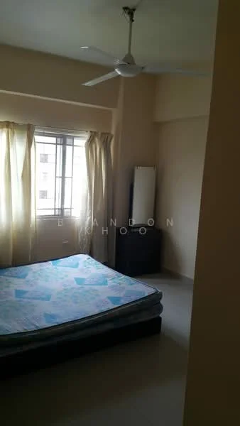 Bedroom features: queen-size bed, light-colored bedding, floor-to-ceiling window, curtains, ceiling fan, light-colored walls, tile flooring, wooden dresser, mirror.