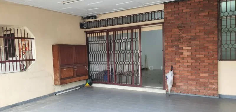 Room features: brick wall, painted wall, sliding metal grille door, tiled flooring, wooden cabinet, open space, light ceiling, window with metal bars; style: modern.