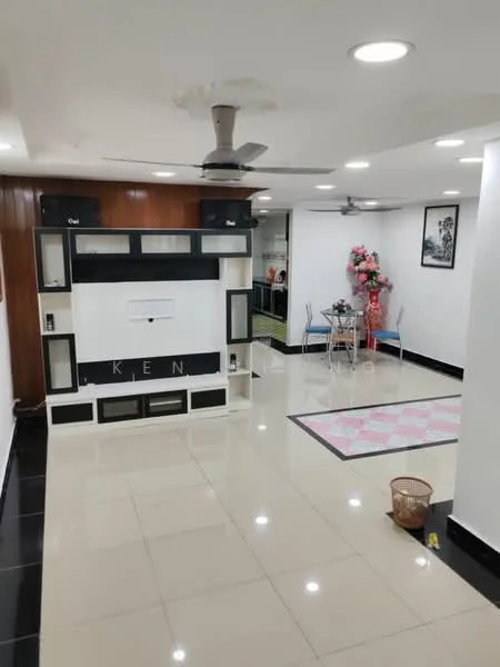 Living features: white painted walls, black and white tiled flooring, 5-blade ceiling fan with light, built-in entertainment unit with storage, decorative wall paneling, area rug with geometric pattern, dining table with chairs, decorative flower arrangement, wall-mounted artwork, basket; style: modern.