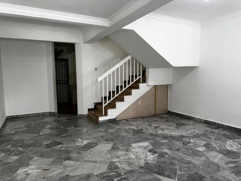 Room features: grey marble flooring, white painted walls, crown moulding, staircase with wooden steps, wooden paneling under staircase, recessed lighting, open layout, no visible furniture; style: modern.