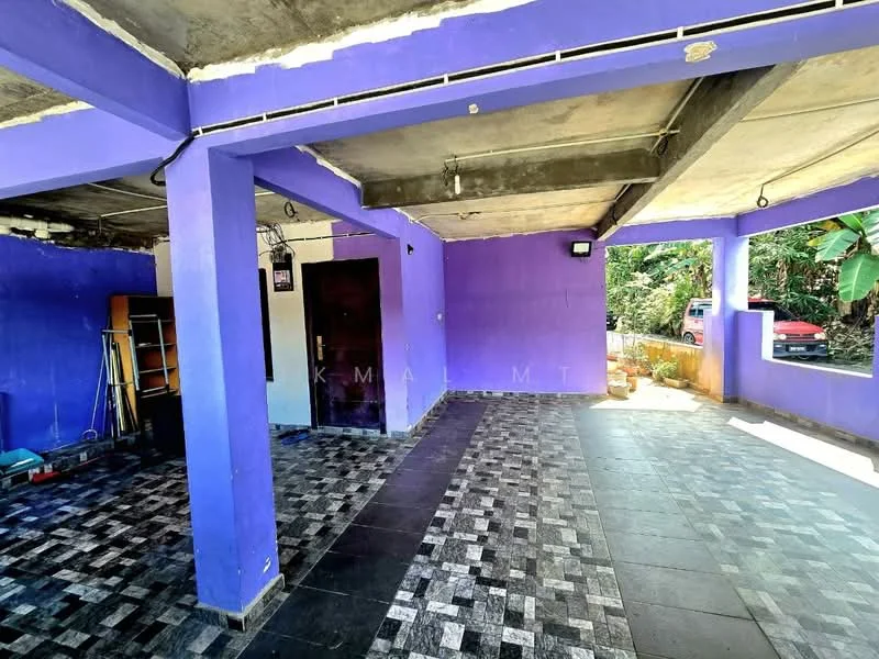 Room features: purple painted walls, exposed concrete ceiling, black and grey patterned tile flooring, open layout, natural light from windows, ceiling lights, doorway leading to another room, outdoor view visible, storage shelves, furniture visible in background; style: modern; view: garden.