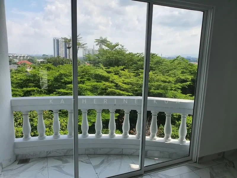 Balcony features: glass sliding door, white railing with balustrade, marble flooring, greenery view, city skyline in background; view: garden.