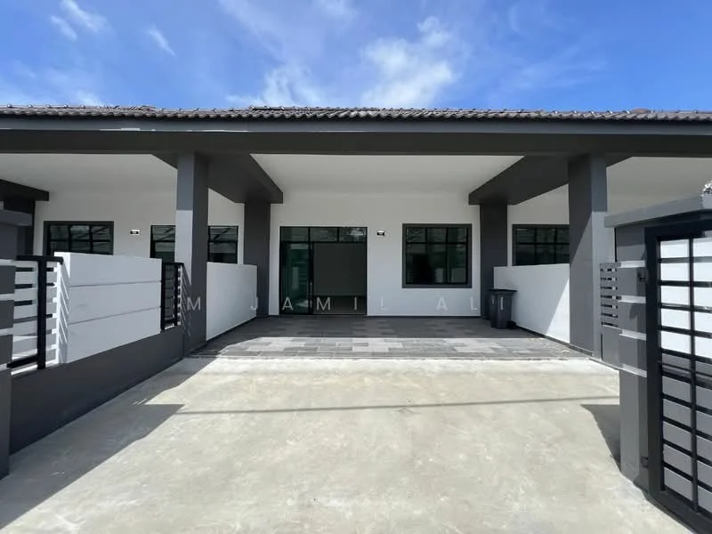 Exterior type: linked terrace house; features: white painted facade, grey accent walls, flat roof, manicured walkway, large windows, paved driveway, security gate, outdoor lighting; style: modern.