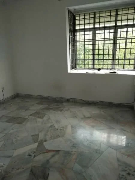 Room features: marble flooring, white painted walls, large window with metal grille, view of greenery outside; view: garden.